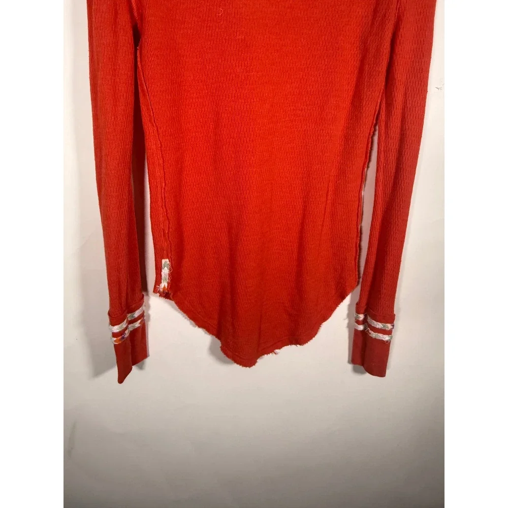 Free People We The Free Orange Red Thermal Henley Embroidered Trim Top XS